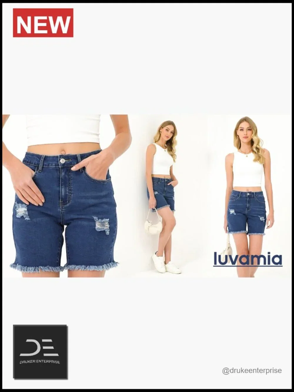 High Waisted Distressed Stretchy Denim Long Shorts with Raw Hem